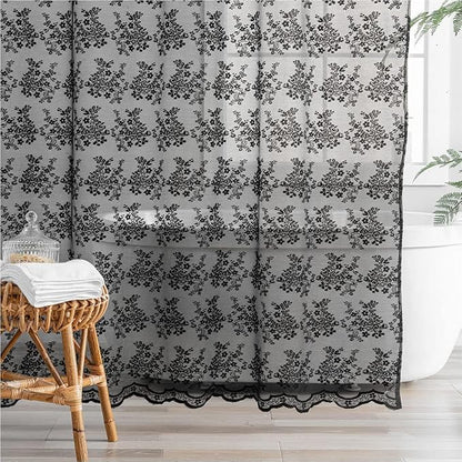 YJ YANJUN Black Lace Shower Curtain 84 inch Lenth, Gothic Bathroom Decor | Elegant Floral Lace with Attached Valance, Light Filtering, XL Sheer Bath curtain for Vintage Halloween Goth Decor, 1 Panel