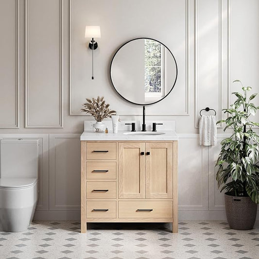 ARIEL Cambridge 36-inch Bathroom Vanity Base Cabinet,Solid Wood, 2 Soft Closing Doors, 5 Dovetail Drawers, White Oak