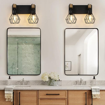 VbiTmn Bathroom Light Fixtures, 2 Light Black Farmhouse Wood Vanity Lights | Rustic Design, Diamond Metal Shades, Easy to Install, Wall Sconces for Bathroom, Bedroom, Makeup Area, Over Vanity Mirror