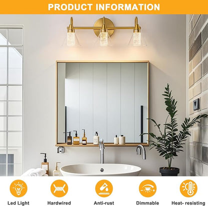 WILON Bathroom Vanity Light, 3-Light LED Vanity Light Fixtures Over Mirror | Gold Bathroom Light Fixtures with 5 Color Modes 2700K-6500K, Crystal Column