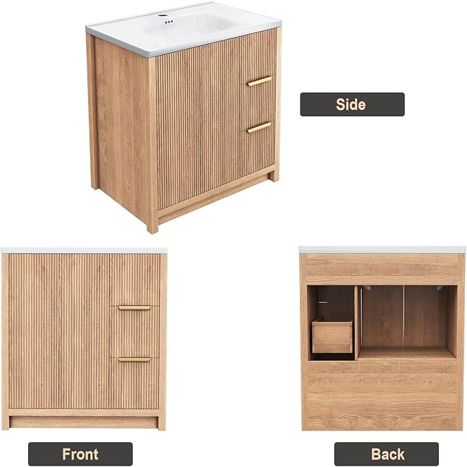 31.5'' Bathroom Vanity with Ceramic Single Sink Combo, Small Freestanding Bathroom Storage Vanity Cabinet with Drawer & Cabinet, Metal Handle, Natural Wood Color