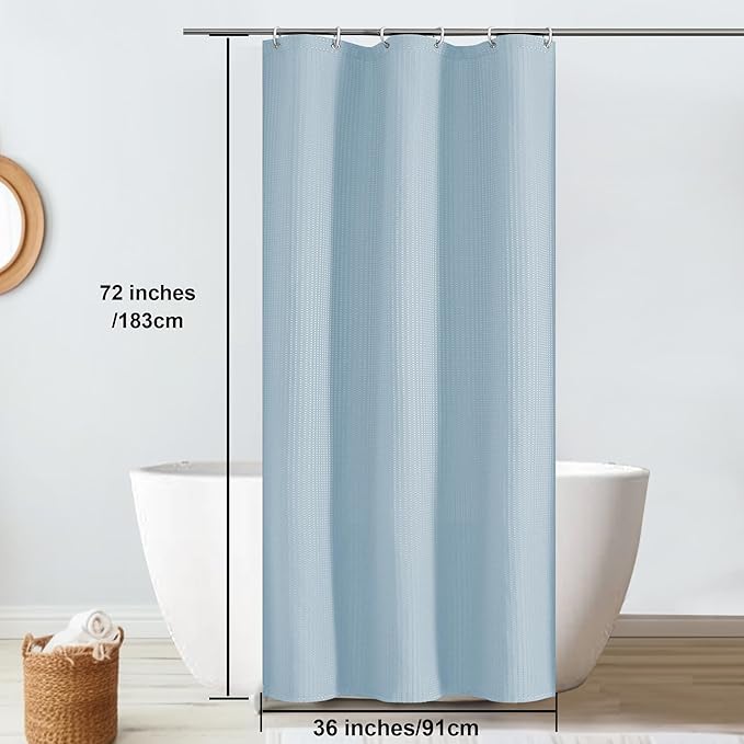 OVZME Stall Fabric Shower Curtain Set - 36Wx72L, Waffle Weave 230GSM Heavy Duty Small Shower Curtains for Narrow Stall Size, Machine Washable Bath Curtain with 12 Plastic Hooks, Glacier Blue