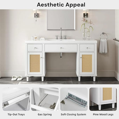 60 Inch White Bathroom Vanity with Single Sink & Integrated Countertop,Large Bathroom Vanity with Rattan Doors,2 Drawers & Storage Cabinets,Gas Spring Tip-Out Tray,Soft Closing System,Solid Wood Legs