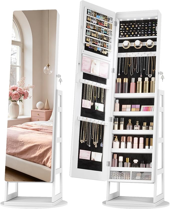 LVSOMT Standing Jewelry Mirror Organizer 6 LED Swivel Jewelry Cabinet White | Framelss Full Length Mirror with Jewelry Storage, Lockable Jewelry Armoire with 4 Rear Shelves and Hooks for Women Gift