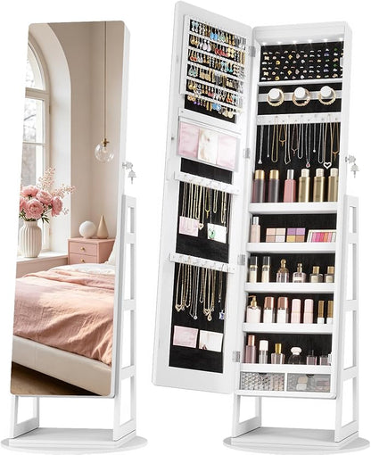 LVSOMT Standing Jewelry Mirror Organizer 6 LED Swivel Jewelry Cabinet White | Framelss Full Length Mirror with Jewelry Storage, Lockable Jewelry Armoire with 4 Rear Shelves and Hooks for Women Gift