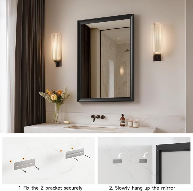 22x30 Inch Black Bathroom Mirrors for Over Sink | Rectangle Vanity Wall Mirror for Bedroom, Entryway, Living Room Decor, Aluminum Framed, Curved Wide Edge, Anti-Rust