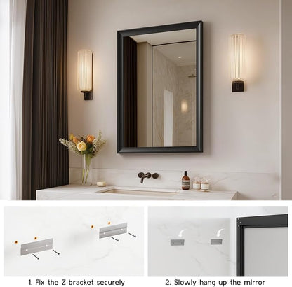 22x30 Inch Black Bathroom Mirrors for Over Sink | Rectangle Vanity Wall Mirror for Bedroom, Entryway, Living Room Decor, Aluminum Framed, Curved Wide Edge, Anti-Rust