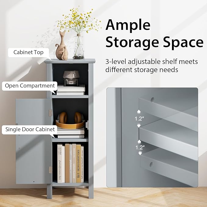 Tangkula Bathroom Floor Cabinet, Freestanding Narrow Storage Cabinet with Anti-Tipping Device, 3-Height Adjustable Shelf, for Bathroom Home Office, 12 x 12 x 31.5 Inches (Grey)