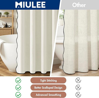 MIULEE White Scalloped Linen Shower Curtain 72W x 72L | 12 metal hooks, Linen scalloped, waterproof washable, thick heavy cloth, black border, boho farmhouse, bathroom hotel use