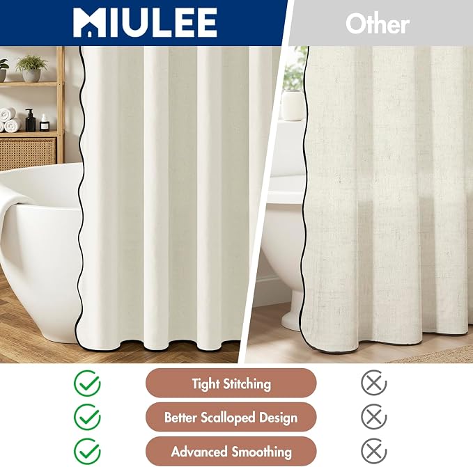 MIULEE 84" Long White Scalloped Linen Shower Curtain 72W x 84L | 12 metal hooks, Linen scalloped, waterproof washable, thick heavy cloth, black border, boho farmhouse, bathroom hotel use