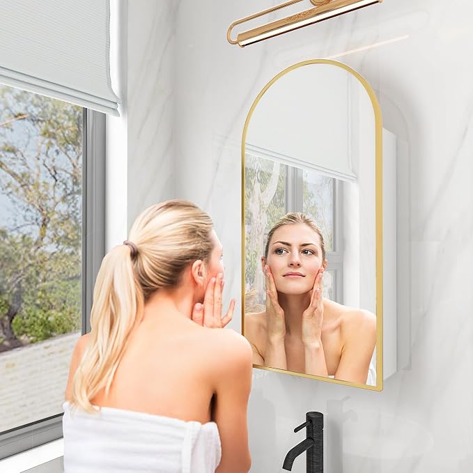 FKWin Medicine Cabinet with Mirror, Surface Mount Arched Design, 16x30 Inch | Medicine Cabinet Mirror, Reversible Door, Space-Saving Storage, Elegant Arched Design, Gold