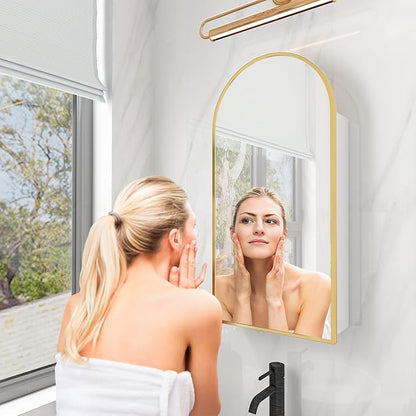 FKWin Medicine Cabinet with Mirror, Surface Mount Arched Design, 16x30 Inch | Medicine Cabinet Mirror, Reversible Door, Space-Saving Storage, Elegant Arched Design, Gold