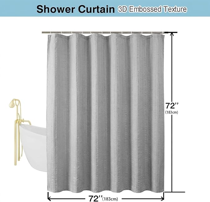 Aiyufeng Moga Light Gray Fabric Shower Curtains for Bathroom - Hotel Spa Polyester Cloth Bath Curtain with 12 Holes, 72x72, Machine Washable, Light Gray