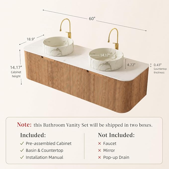 60 Inch Double Sink Bathroom Vanity, Floating Wall Mounted Cabinet, Natural Woodgrain Curved Fluted Front, Stone Top, Dual Marble-Look Round Vessel Basins, Pre-Assembled