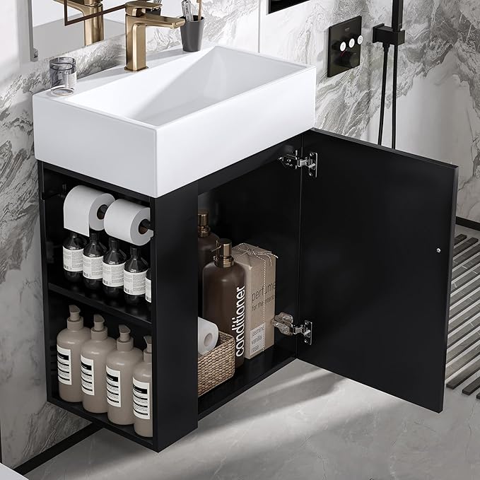 20" Floating Bathroom Vanity with Sink, Soft Closing Door,and Storage Shelves, Solid Wood Frame & MDF Modern Single Small Bathroom Vanity Cabinet with Open Shelf,Wall Mounted Black
