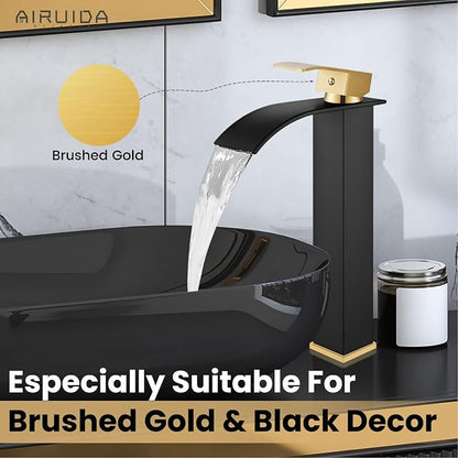 Airuida Vessel Sink Faucet, Black&Gold Tall Waterfall Bathroom Faucet | Single Handle,Tall Bathroom Faucet 1 Hole,Vanity Faucet,without Drain,Bowl Bathroom Faucet
