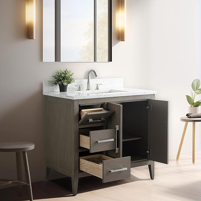 Vanity Art 36 inch Bathroom Vanity with Single Sink & Ceramic Top, Vanity Cabinet with Soft-Closing Doors, Drawers, Solid Wood Frame, Driftwood Gray, VA9036-DG-GB1