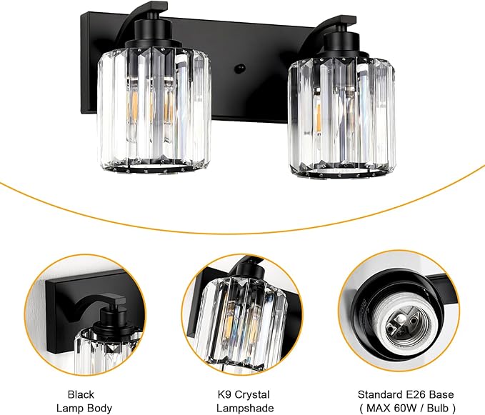 2 Lights Crystal Bathroom Vanity Light Modern Black Bathroom Light Fixture Over Mirror Vanity Lights for Bedroom,Restroom,Hallway E26 Base