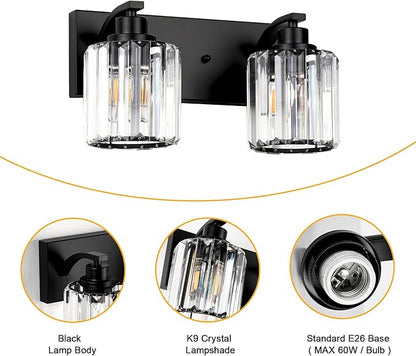 2 Lights Crystal Bathroom Vanity Light Modern Black Bathroom Light Fixture Over Mirror Vanity Lights for Bedroom,Restroom,Hallway E26 Base