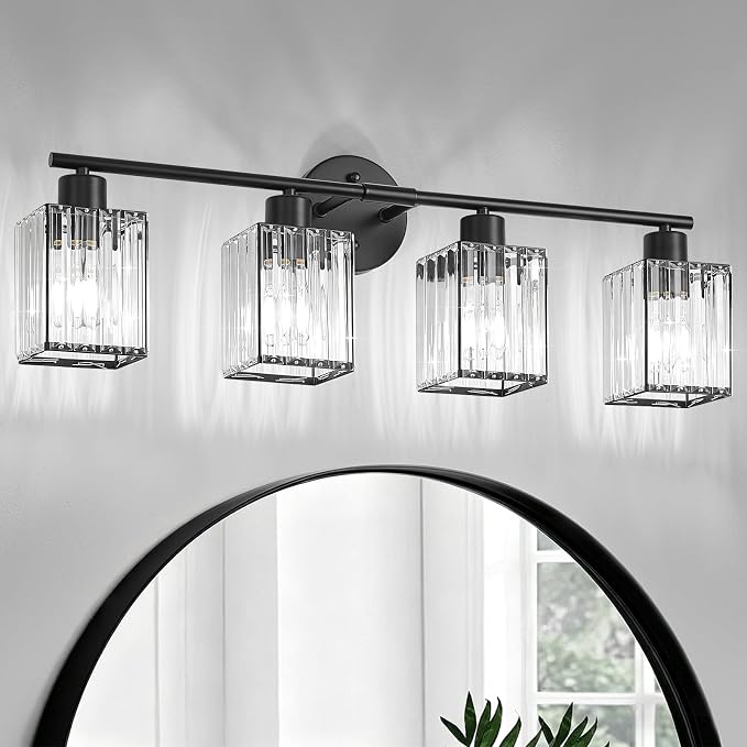 4 Light Bathroom Light Fixtures, Modern Crystal Vanity Lights over Mirror | Metal Frame, Bathroom Light with Square Crystal Shade, ETL Certified, E26 Ceramic Socket, Bulbs Not Included