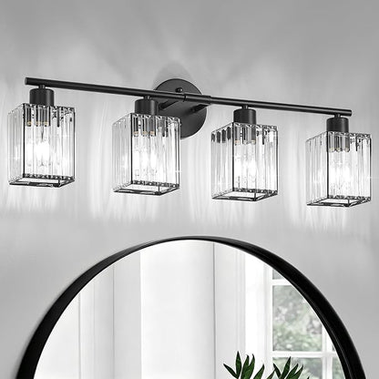 4 Light Bathroom Light Fixtures, Modern Crystal Vanity Lights over Mirror | Metal Frame, Bathroom Light with Square Crystal Shade, ETL Certified, E26 Ceramic Socket, Bulbs Not Included