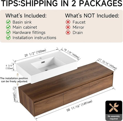 60 Inch Floating Bathroom Vanity with Single Sink, Modern Wall-Mounted Bathroom Cabinet with Resin Sink & Soft Close Drawers, Split-Level Layout (Walnut, 60")
