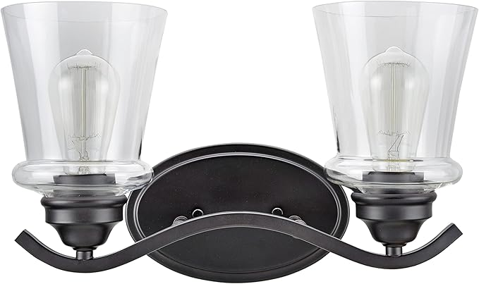 Aspen Creative 62116-2, Two-Light Metal Bathroom Vanity Wall Light Fixture, 15 1/2" Wide, Transitional Design in Oil Rubbed Bronze with Clear Glass Shade