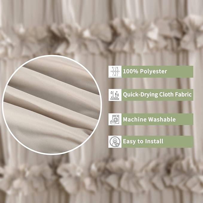 Homechoice Decor Camel Ruffle Shower Curtain 72" W x 72" H | Vintage Handcrafted Bow Tie Bath Curtain for Master Bathroom, Ruched Microfiber Bathroom Curtain with 12 Buttonholes (LQ-10)