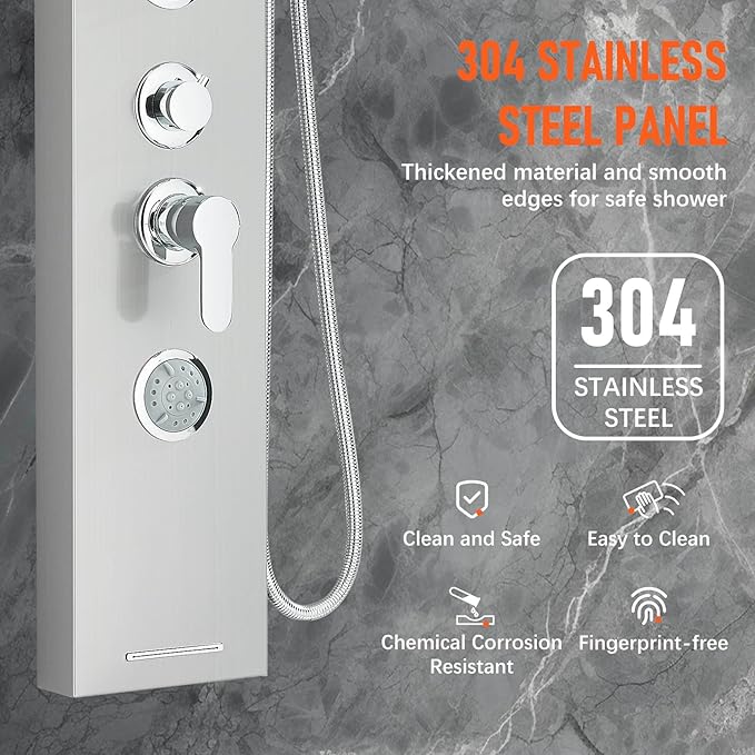 Fuz LED Shower Panel Tower System with Rainfall Waterfall Shower, Brushed Nickel Shower Tower with Jets and Rainfall and Handheld, 5 in 1 Stainless Steel Shower Column High Pressure with Tub Spout