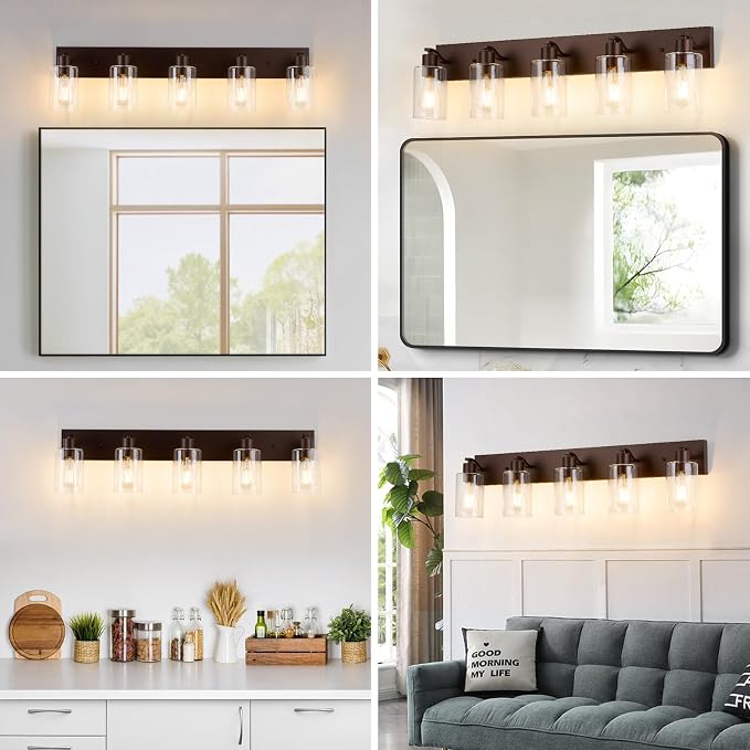 5 Lights Bathroom Light Fixtures Oil Rubbed Bronze Vanity Light with Clear Glass Shade 36in Modern Bathroom Lighting Fixtures Over Mirror for Bedroom/Living Room