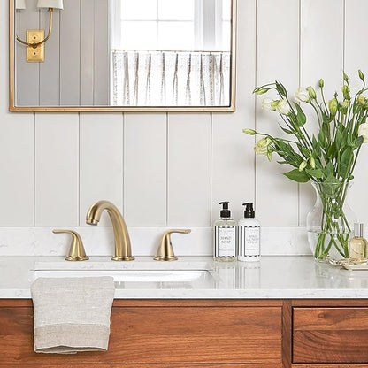 Bathroom Sink Faucet 3 Holes Gold, ALEASHA Widespread Bathroom Faucets, Faucet with Pop Up Drain, Faucets with 304 Stainless Steel Lead-Free Hose