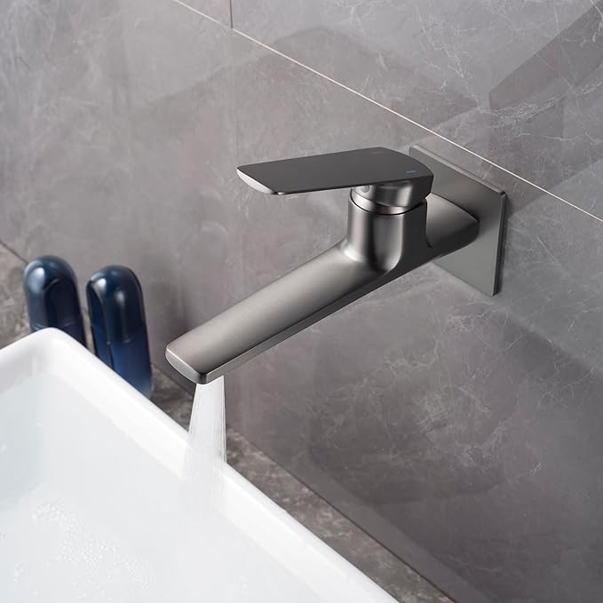 Modern Wall Mount Bathroom Faucet – Brushed Gunmetal Gray,Solid Brass Single Handle with Flip Aerator (2 Flow Modes), Rough-in Valve for Concealed Installation