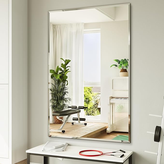 Big Frameless Beveled Bathroom Wall Mirror, 55"x36" Bathroom Wall Mirror for Over Sink, Large Vantiy Mirrors for Living Room, Entryway, Bedroom, Hangs Horizontally or Vertically
