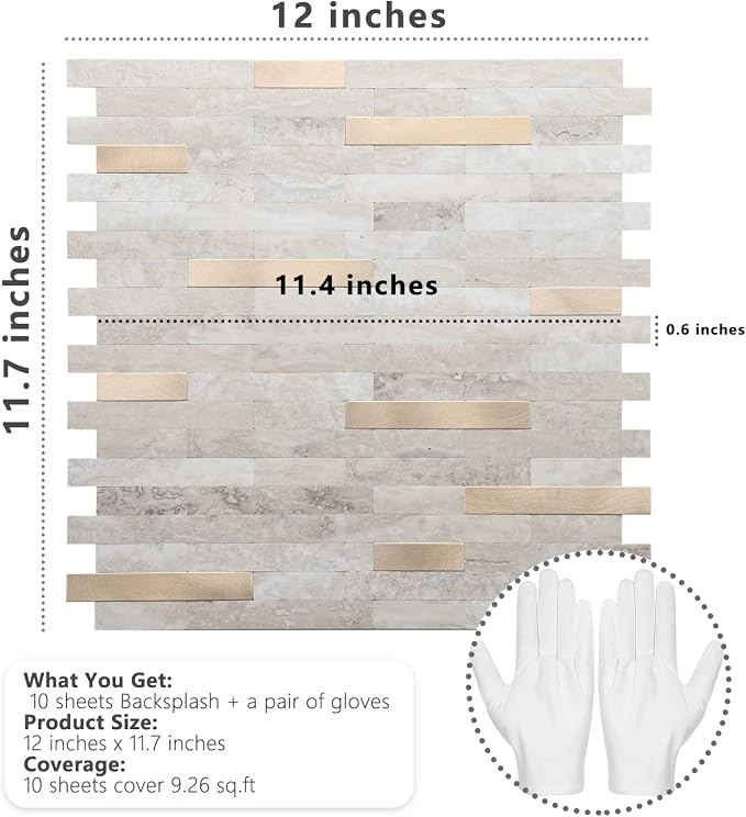 STICKGOO Peel and Stick Backsplash, PVC Wall Tiles Stick on Backsplash for Kitchen(10 Sheets, Beige with Metal Gold)