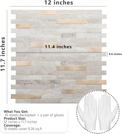 STICKGOO Peel and Stick Backsplash, PVC Wall Tiles Stick on Backsplash for Kitchen(10 Sheets, Beige with Metal Gold)