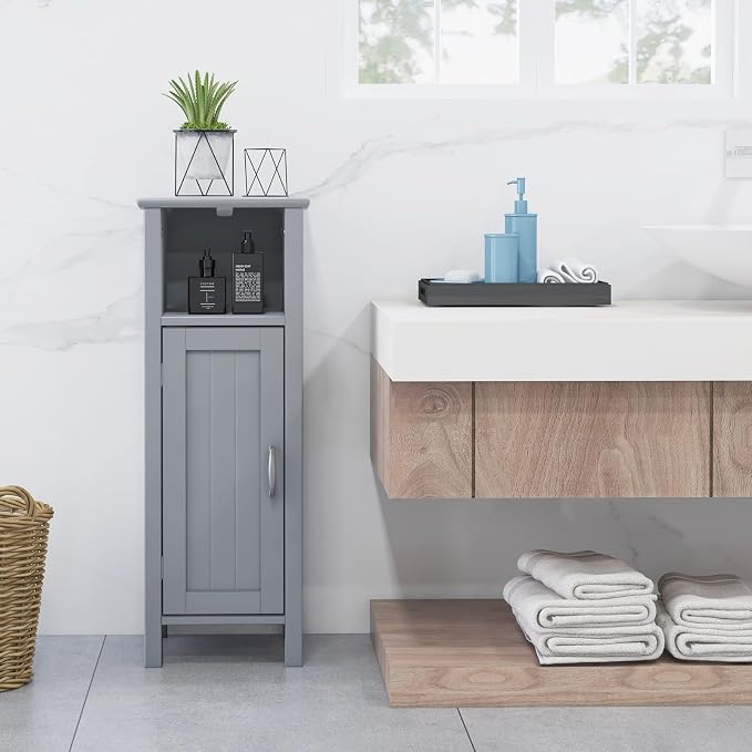 Giantex Narrow Bathroom Storage Cabinet with Open Compartment (Grey) | Freestanding Small Storage Organizer with Adjustable Shelf, Anti-toppling Device, Corner Unit for Living Room