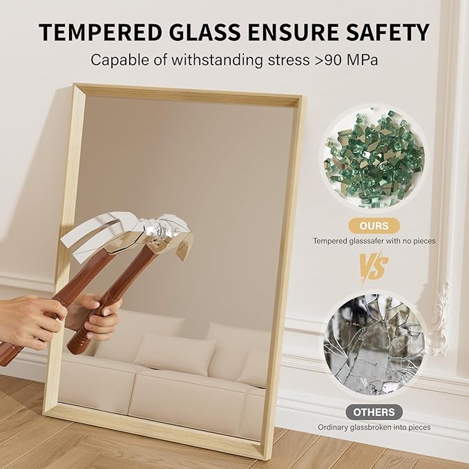 Oak Wood Effect Framed Wall Mirror, 36x36 Rectangle Mirror, Anti-desilvering Tempered Glass, Sustainable& Sturdy Frame, Anti-Rust, HD Reflection &3min Fast Setup for Bathroom Living Room