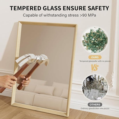 Oak Wood Effect Framed Wall Mirror, 36x36 Rectangle Mirror, Anti-desilvering Tempered Glass, Sustainable& Sturdy Frame, Anti-Rust, HD Reflection &3min Fast Setup for Bathroom Living Room