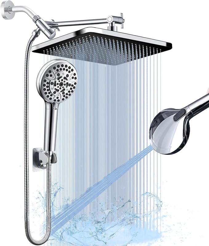 14 Inch Rainfall Shower Head with Handheld Sprayer Combo, High Pressure 10 Spray Settings Dual Shower Head System, Anti-Clog Nozzles Easy Install for Low Water Pressure Bathroom