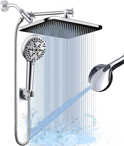 14 Inch Rainfall Shower Head with Handheld Sprayer Combo, High Pressure 10 Spray Settings Dual Shower Head System, Anti-Clog Nozzles Easy Install for Low Water Pressure Bathroom