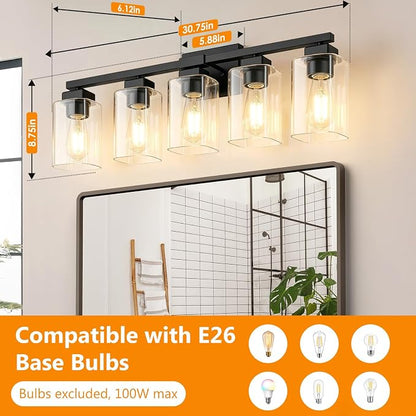 31” Bathroom Light Fixtures Over Mirror,5-Light Black Vanity Light | Square Clear Glass & Durable Metal, Quick & Easy Installation, Standard E26 Socket, Bright Bathroom Lighting