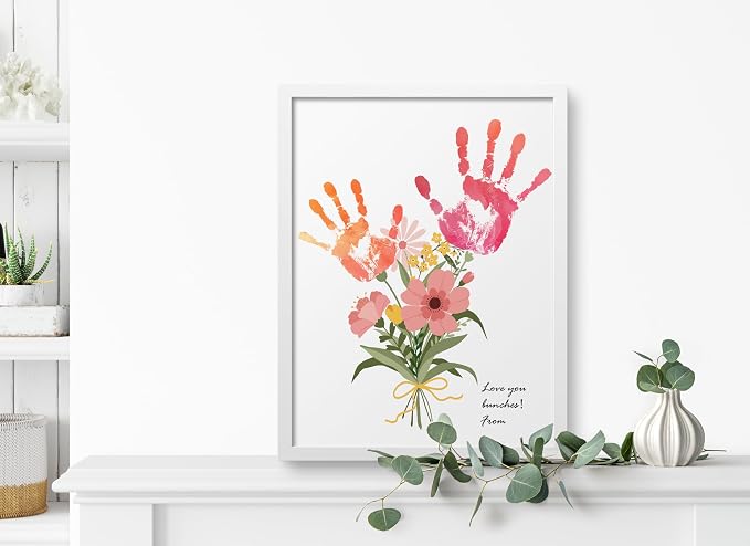 TwoDays Flower Bouquet Handprint Art Craft DIY Kit, Unique Gifts for Mom from Daughter or Son for Mother's Day Birthday Christmas, Gift for Grandma. (Floral-1, White)