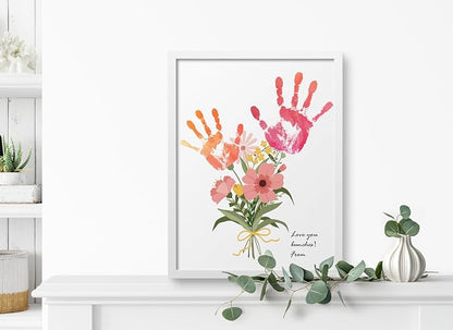 TwoDays Flower Bouquet Handprint Art Craft DIY Kit, Unique Gifts for Mom from Daughter or Son for Mother's Day Birthday Christmas, Gift for Grandma. (Floral-1, White)