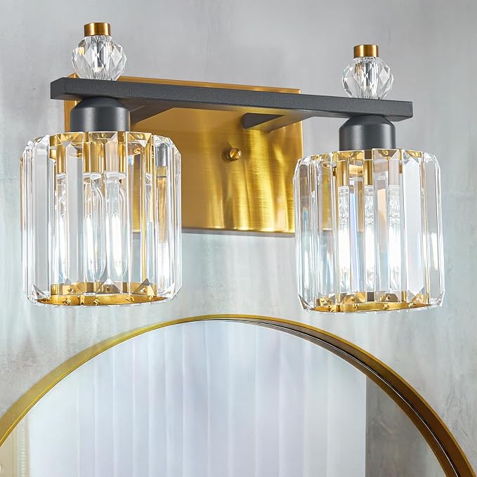 Bathroom Vanity Lights 2-Light Black Gold Modern Crystal Vanity Light Fixtures Over Mirror Crystal Bathroom Vanity Lighting Fixtures