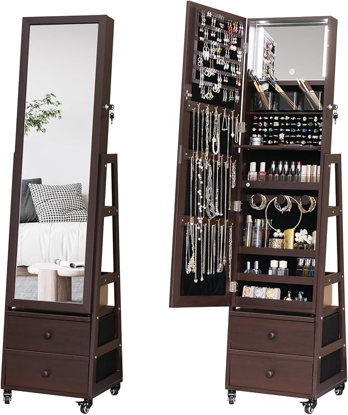 Standing Jewelry Cabinet with Lockable,Full Length Mirror with Storage | Large Capacity Jewelry Organizer Armoire Floor Mirror with Back Storage Shelves for Bedroom Brown