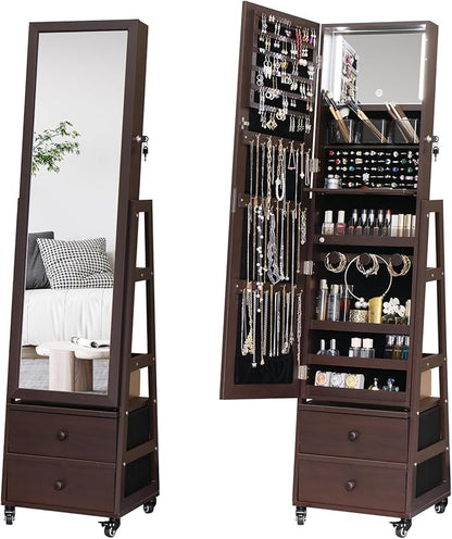 Standing Jewelry Cabinet with Lockable,Full Length Mirror with Storage | Large Capacity Jewelry Organizer Armoire Floor Mirror with Back Storage Shelves for Bedroom Brown
