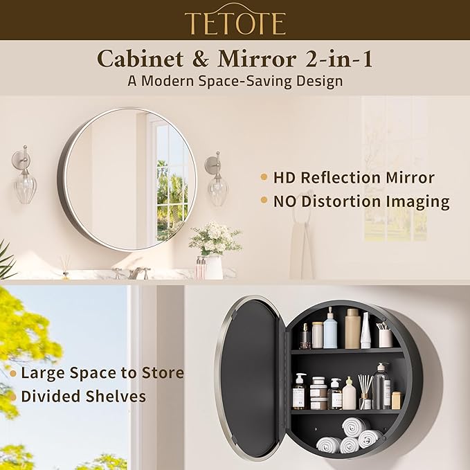 TETOTE 20 x 20 Inch Medicine Cabinet Mirror Brushed Nickel Framed Round Mirrored Medicine Cabinets for Bathroom Adjustable Shelves Modern Bathroom Mirror with Storage Wall Mounted