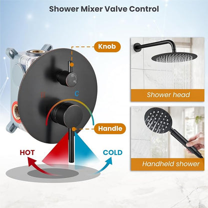 gotonovo High Pressure Shower System Valve and Trim Kit,Oil Rubbed Bronze | Round Rain 10 Inch Shower Head with Handheld Faucet Set Complete,Rough In Valve,2-in-1 Diverter,All Metal,Bathroom Wall Mount