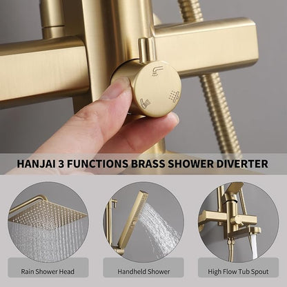 Exposed Shower System 10" Brushed Gold Rainfall Shower Head with 2 Modes Handheld and Tub Faucet Set, Square Shower Head 3 Functions Outdoor Shower Fixtures with Brass Valve, Height Adjustable