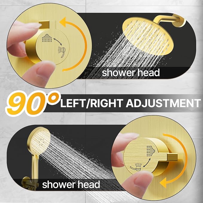 Shower Faucet Set Brass 8IN Rough-In Valve Body Trim Kit Rainfall Included Handle Accessories Complete 2 Functions with Rain Head and Handheld Bathroom Systems (8‘’, Brushed Gold)
